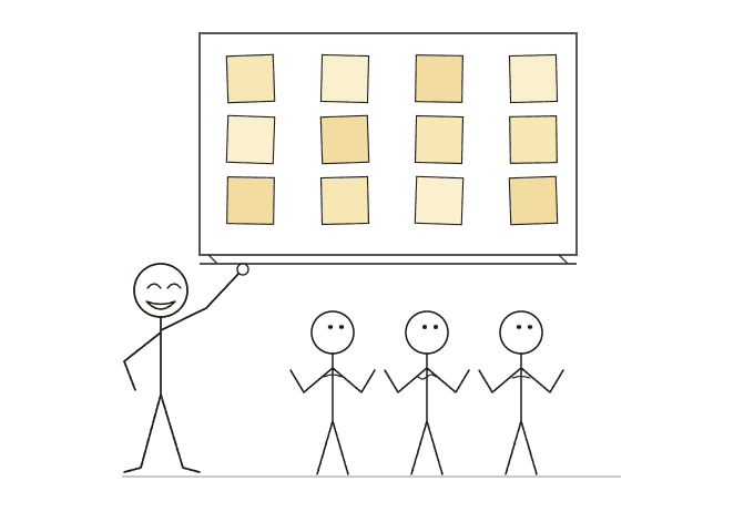 A facilitator points at a board of blank sticky notes while three people look on.